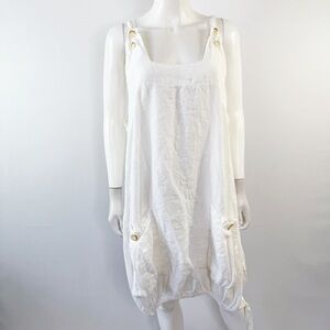 Haris Cotton White Linen Dress Size S Square Neck Lagenlook Boho Beachy Summer